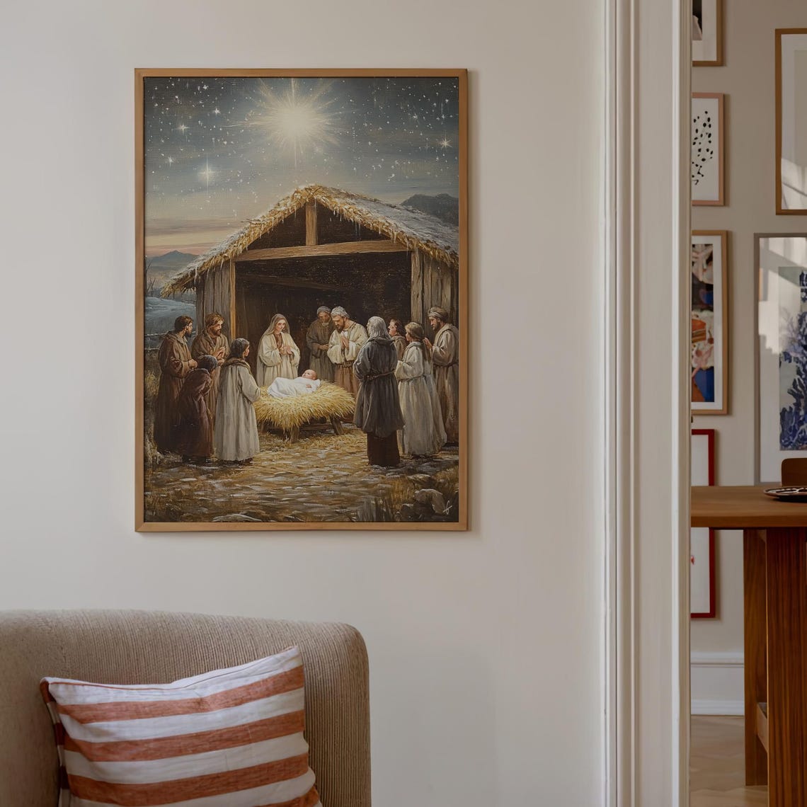 Nativity Scene Birth Of Baby Jesus Painting Vintage Christmas Wall Art Christian Wall Art Holy Family Print Starry Night 782 - Image 3