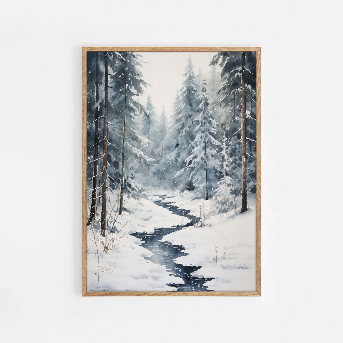 Neutral Snowy Pine Forest Stream Winter Watercolor Muted Poster