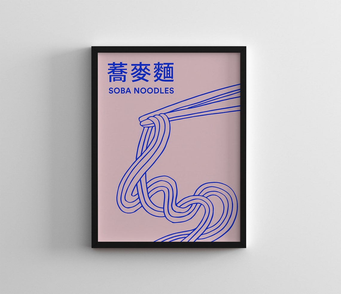 Soba Noodles Blue Line Art Pink Minimalist Japanese Kitchen Poster - Image 3