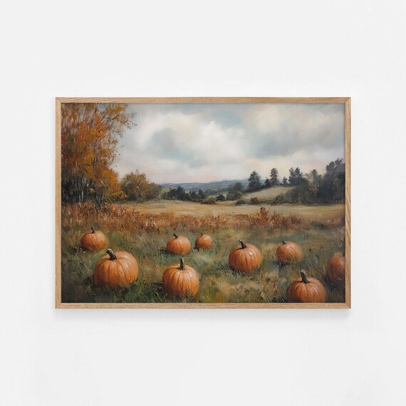 Autumn Pumpkin Field Rustic Vintage Oil Painting Fall Poster