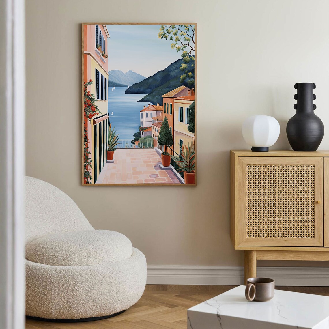 Italian Lakeside Town Terrace Pastel Buildings Sailboats Travel Poster - Image 2