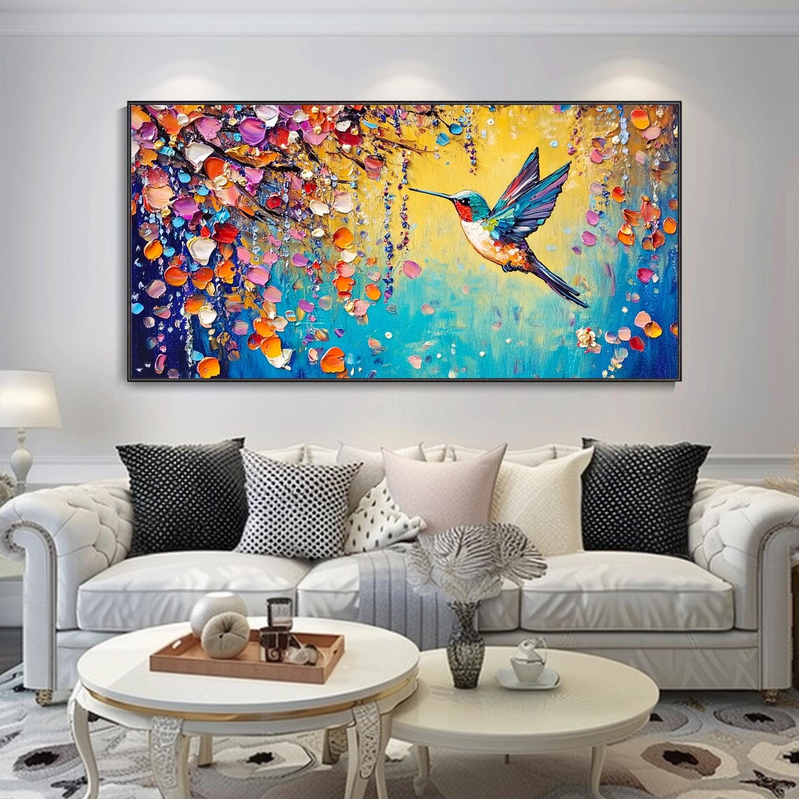 Cherry Blossom Waterfall Hummingbird Oil Art Print - Image 3