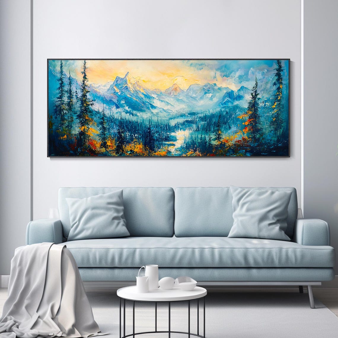 Teal Mountain Valley Evergreen Forest Golden Sky Impasto Art Poster - Image 4