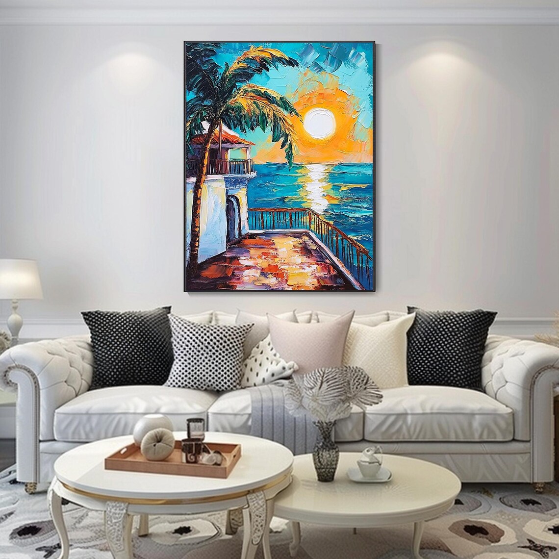 Tropical Balcony Sunset Palm Fronds Turquoise Sea Art Poster - Image 2