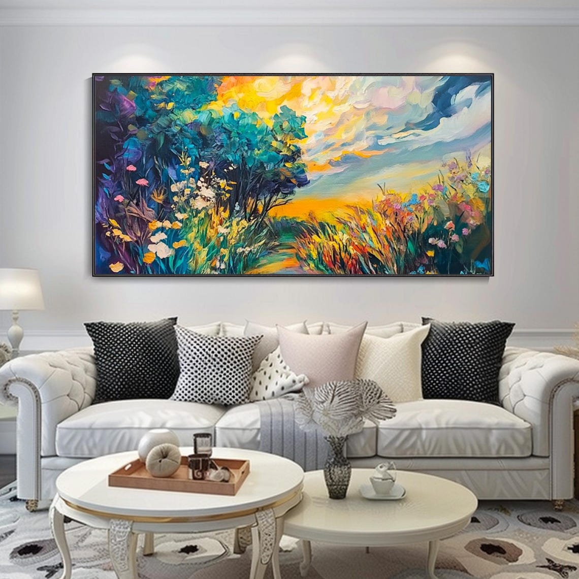Impressionist Spring Wildflower Meadow Sunset Landscape Oil Poster - Image 2