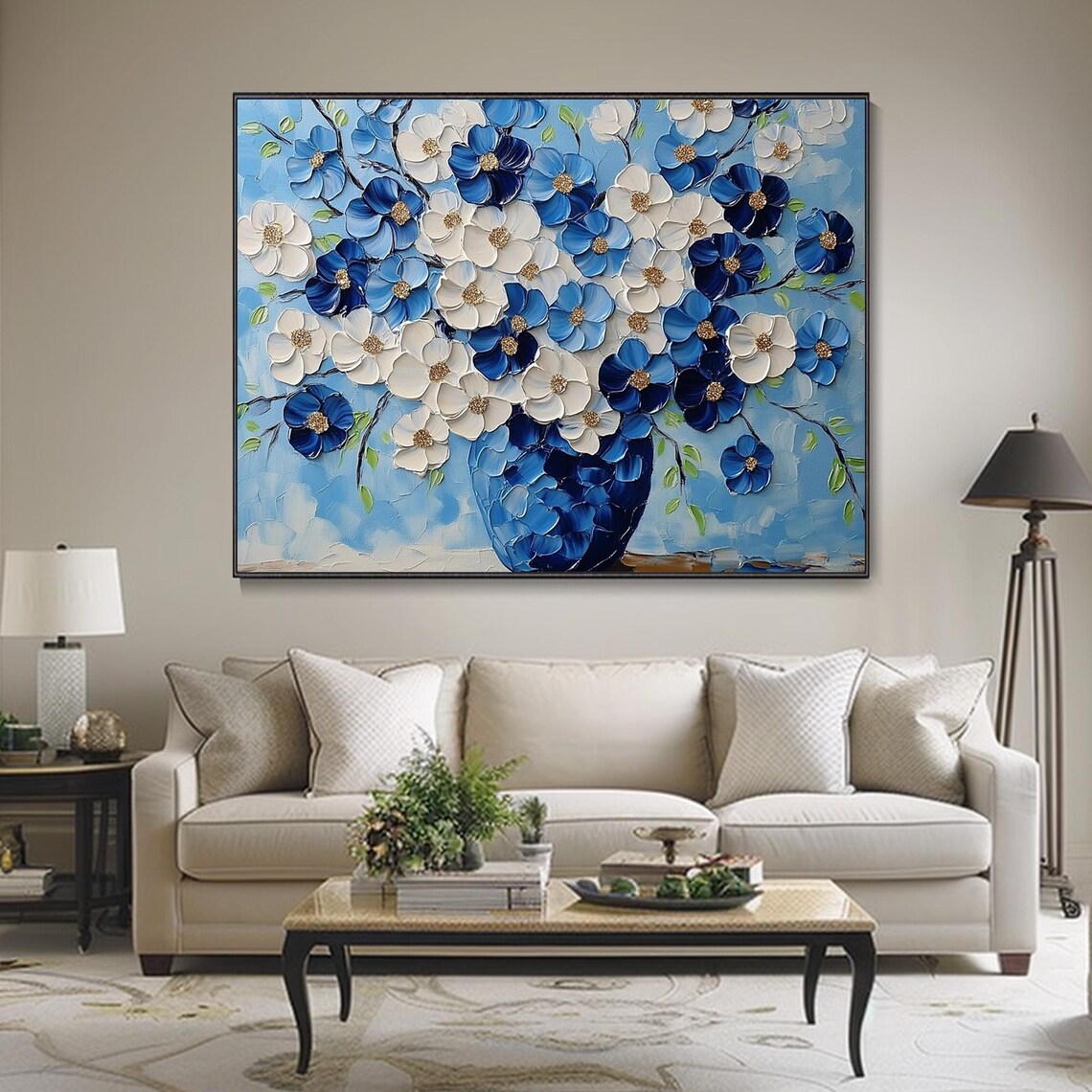 Cobalt Blue and White Blossom Vase Textured Floral Painting Poster - Image 2