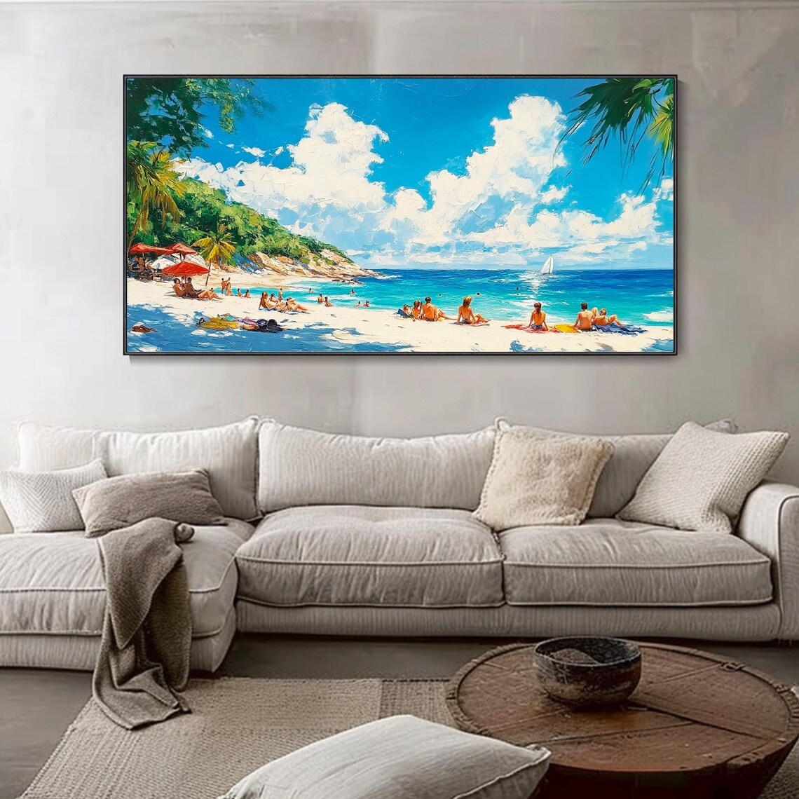 Tropical Beach Sunbathers Palm Trees Sailboat Ocean Art Poster - Image 4