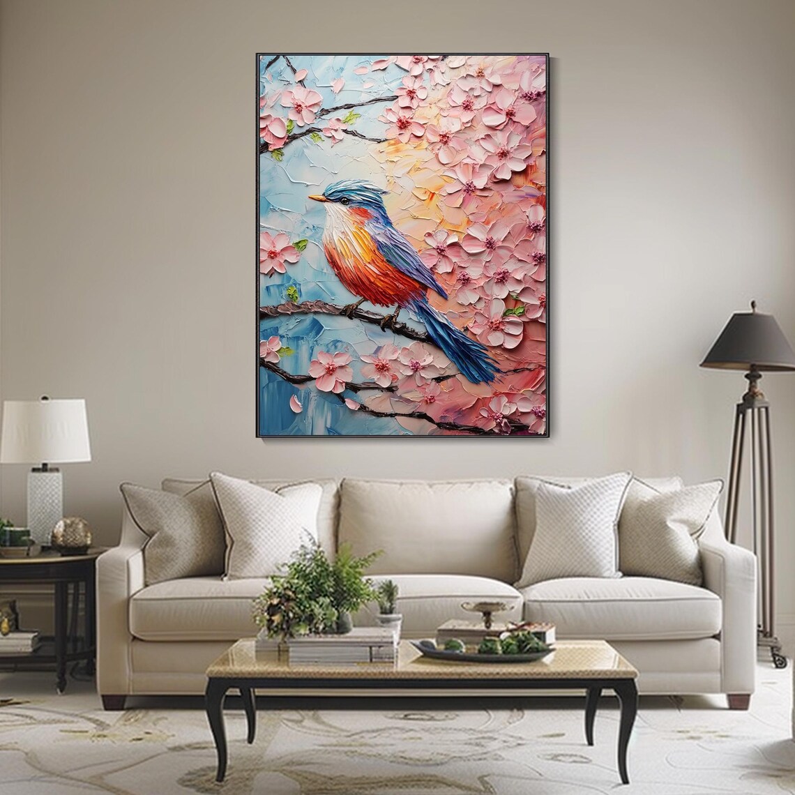 Colorful Songbird Cherry Blossom Branch Textured Modern Wall Art - Image 3