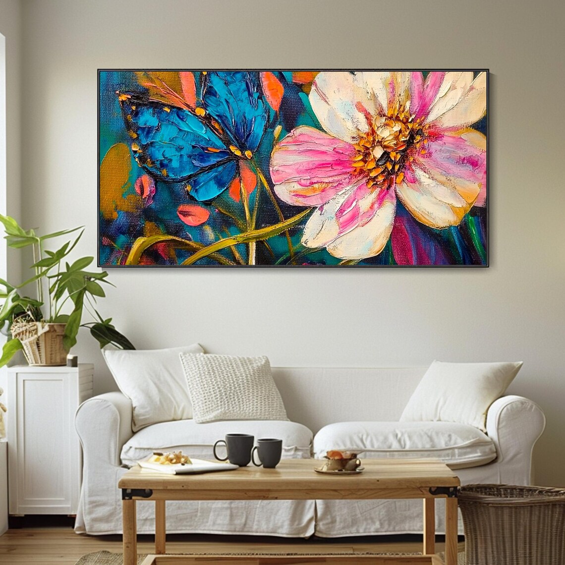 Blue Butterfly Pink Blossom Textured Impasto Floral Art Poster - Image 4