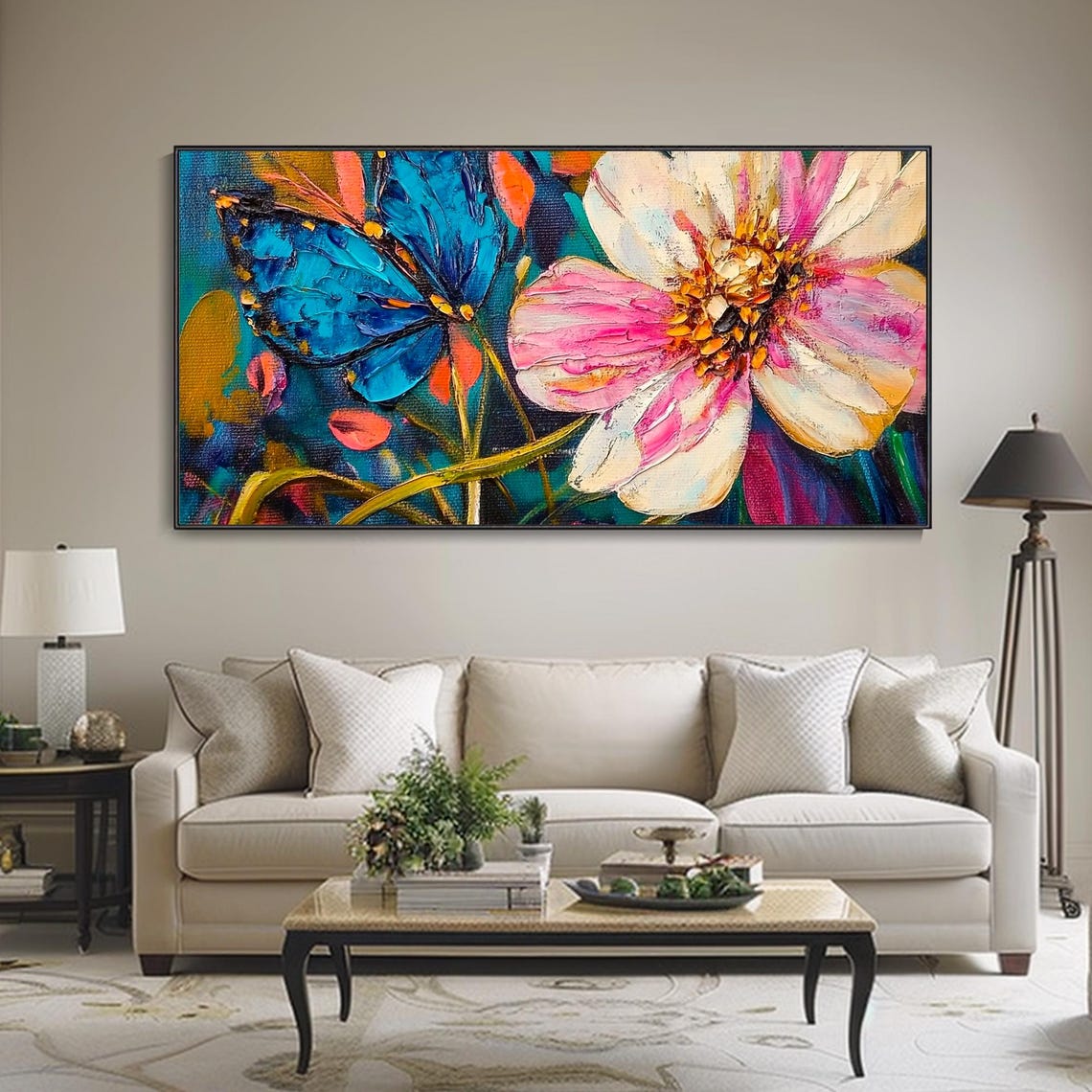 Blue Butterfly Pink Blossom Textured Impasto Floral Art Poster - Image 3