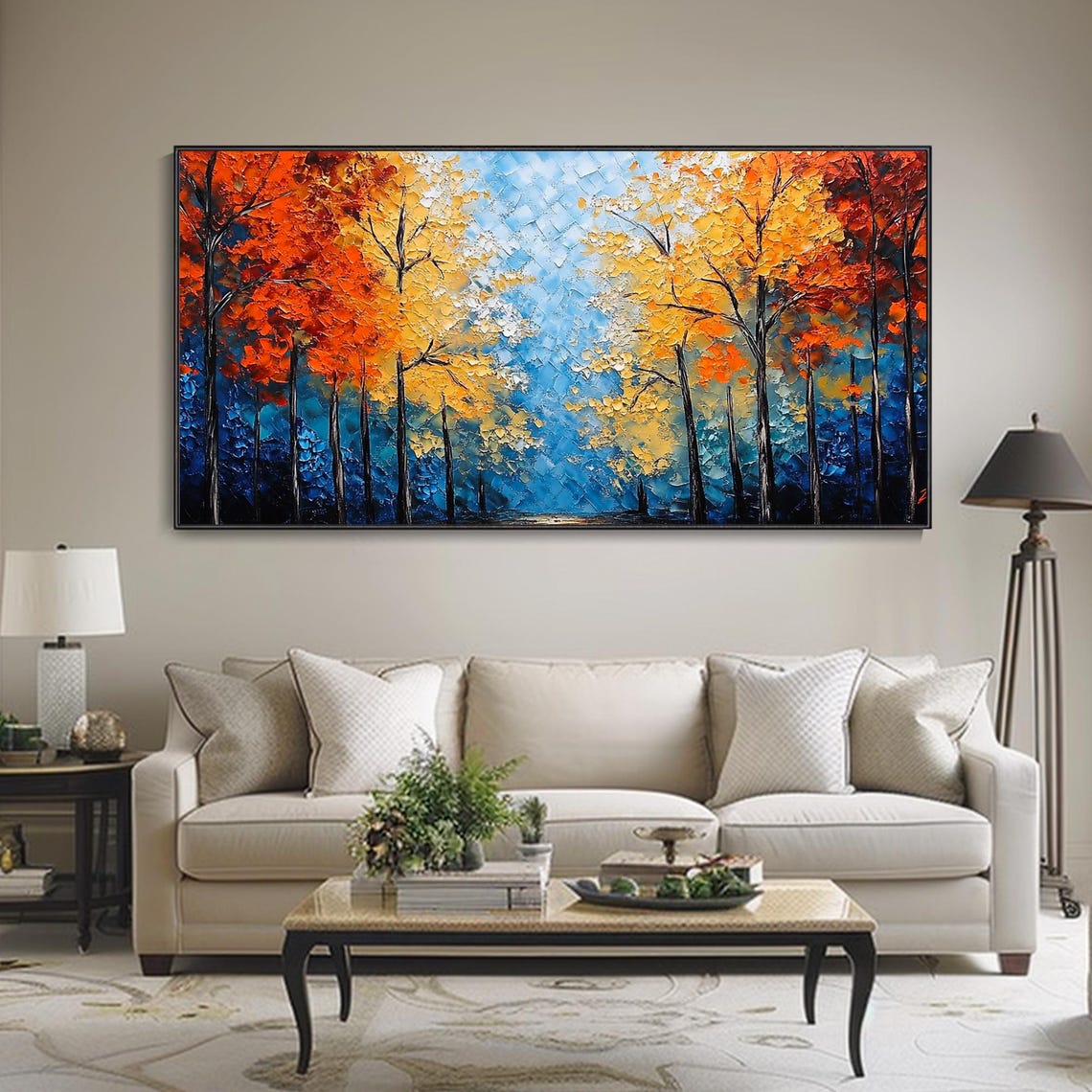 Blue Forest Autumn Red Orange Canopy Path Textured Art Poster - Image 3