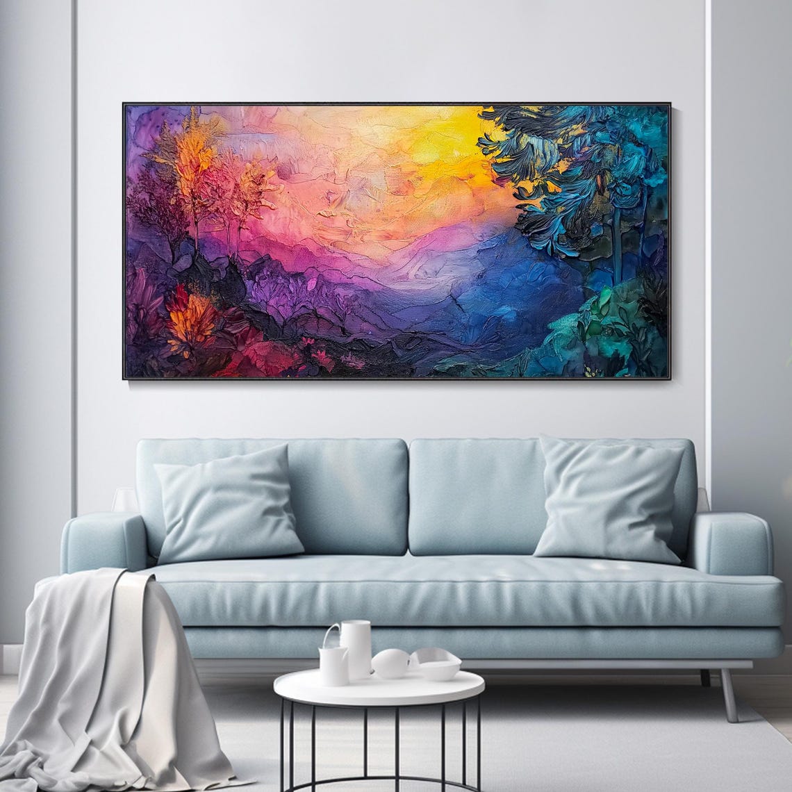 Purple Mountain Sunset Abstract Landscape Teal Tree Art Poster - Image 3