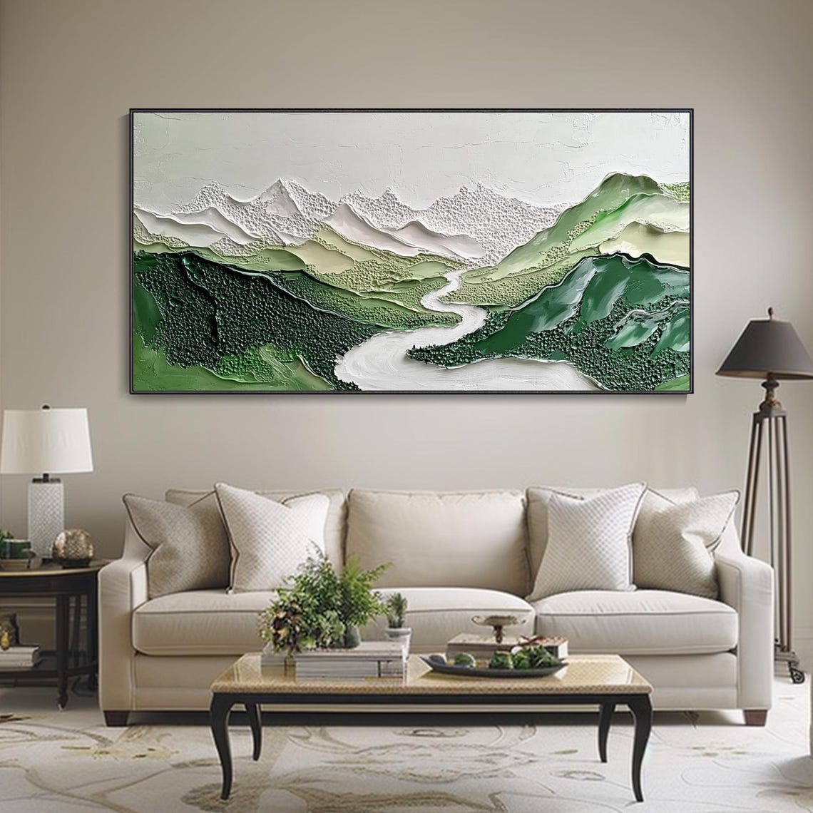 Original Oil Painting Scenic Green River Mountains Sky Clouds Texture Knife Art Custom Home Decor Wall Hanging Vertical Landscape - Image 3