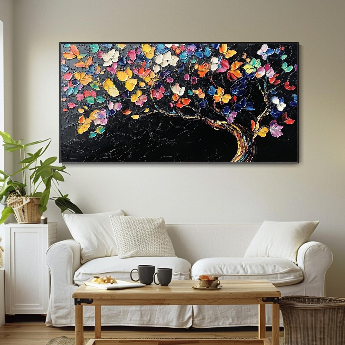 Tree of Life Colorful Blossoms Black Background Modern Art Poster - Image 4