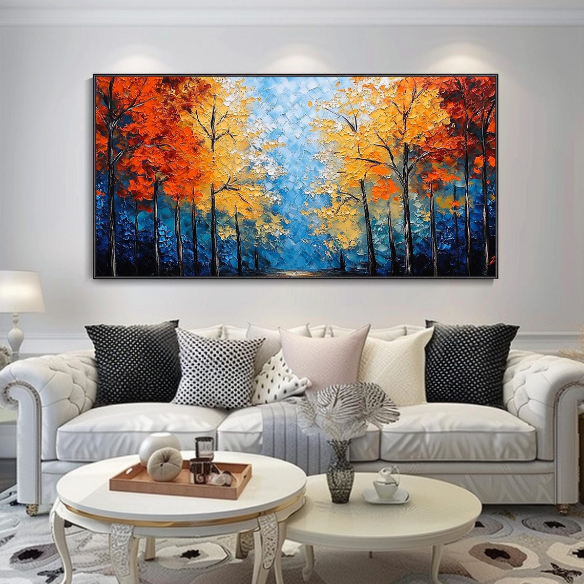 Blue Forest Autumn Red Orange Canopy Path Textured Art Poster - Image 2