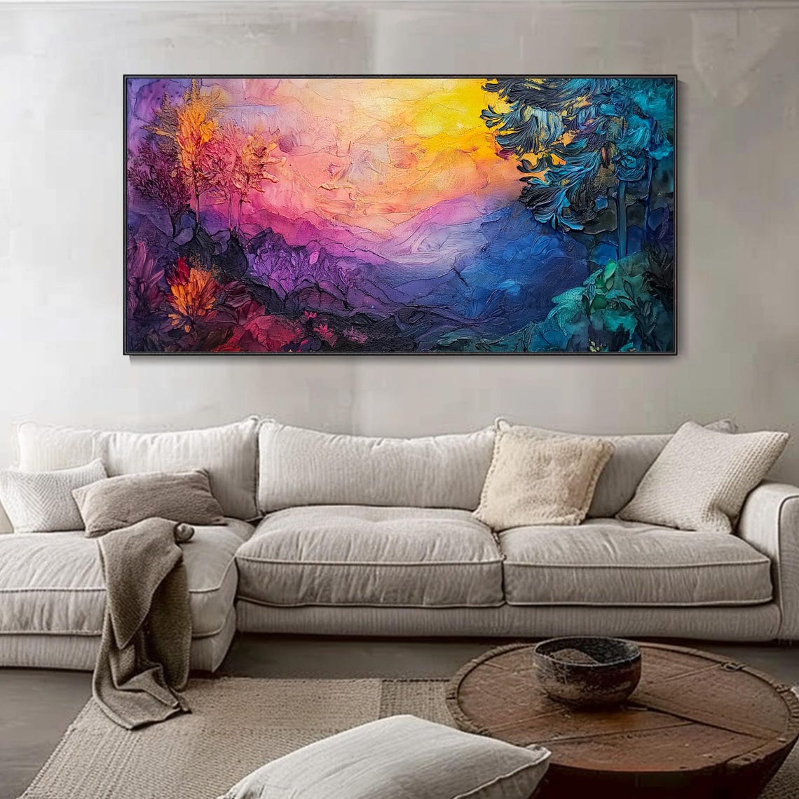 Purple Mountain Sunset Abstract Landscape Teal Tree Art Poster - Image 4