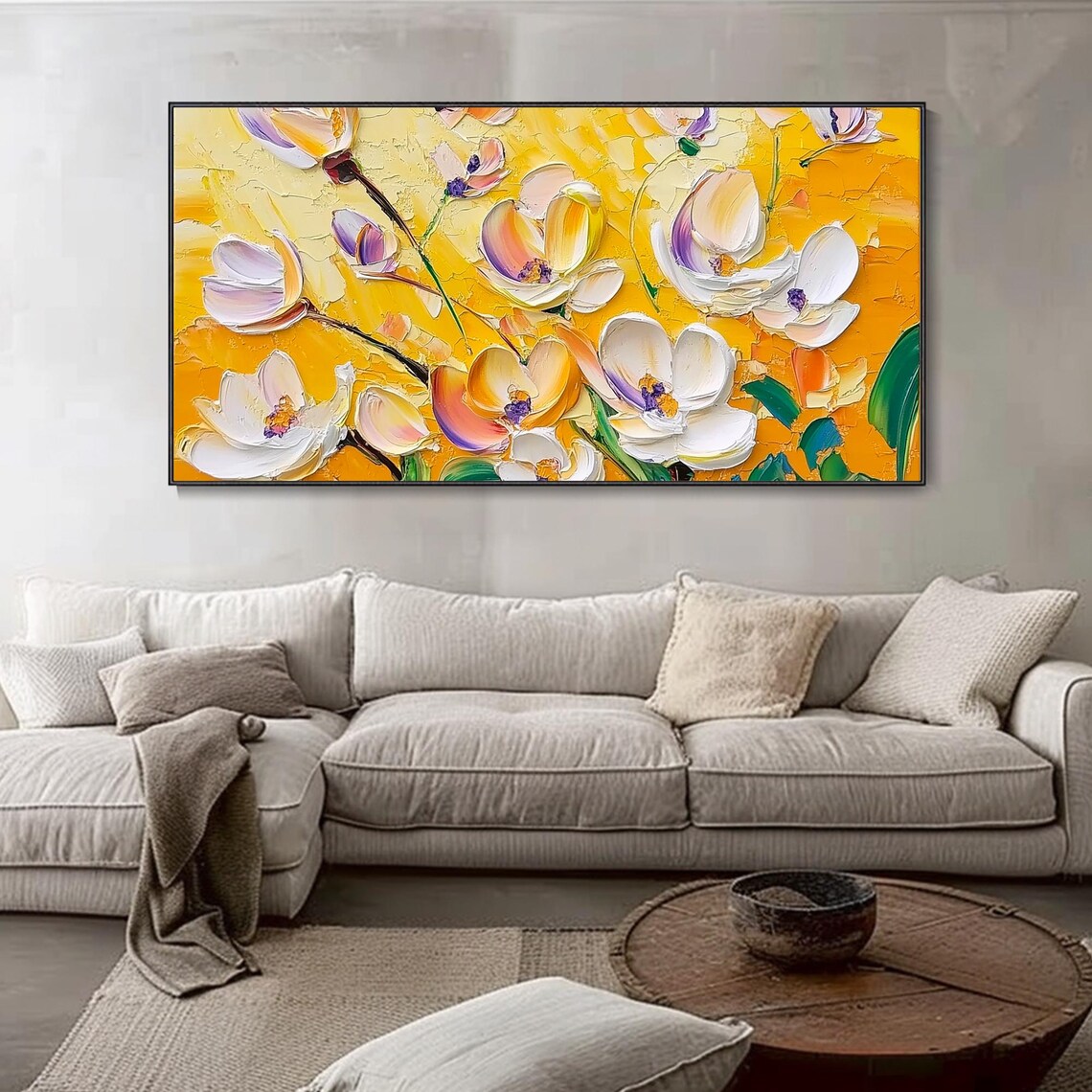 White Orchid Flowers Golden Yellow Background Textured Art Poster - Image 4