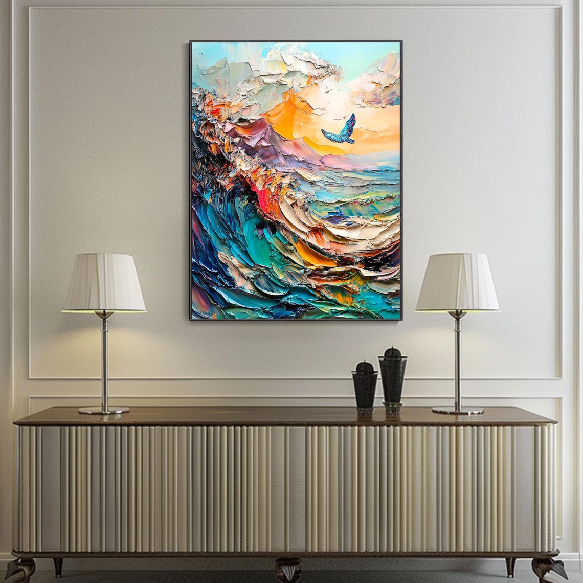 Blue Bird Flying Sunset Ocean Wave Abstract Impasto Art Poster - Image 4