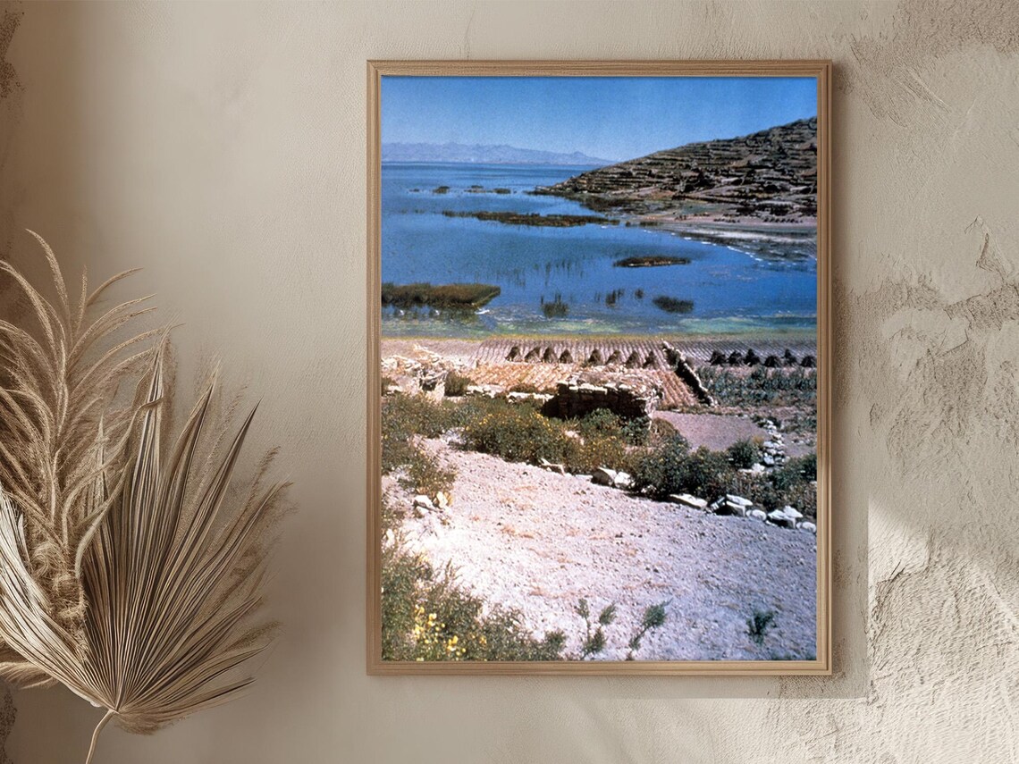 Peru Lake Titicaca Shoreline Terraced Hills Blue Water Vintage Poster