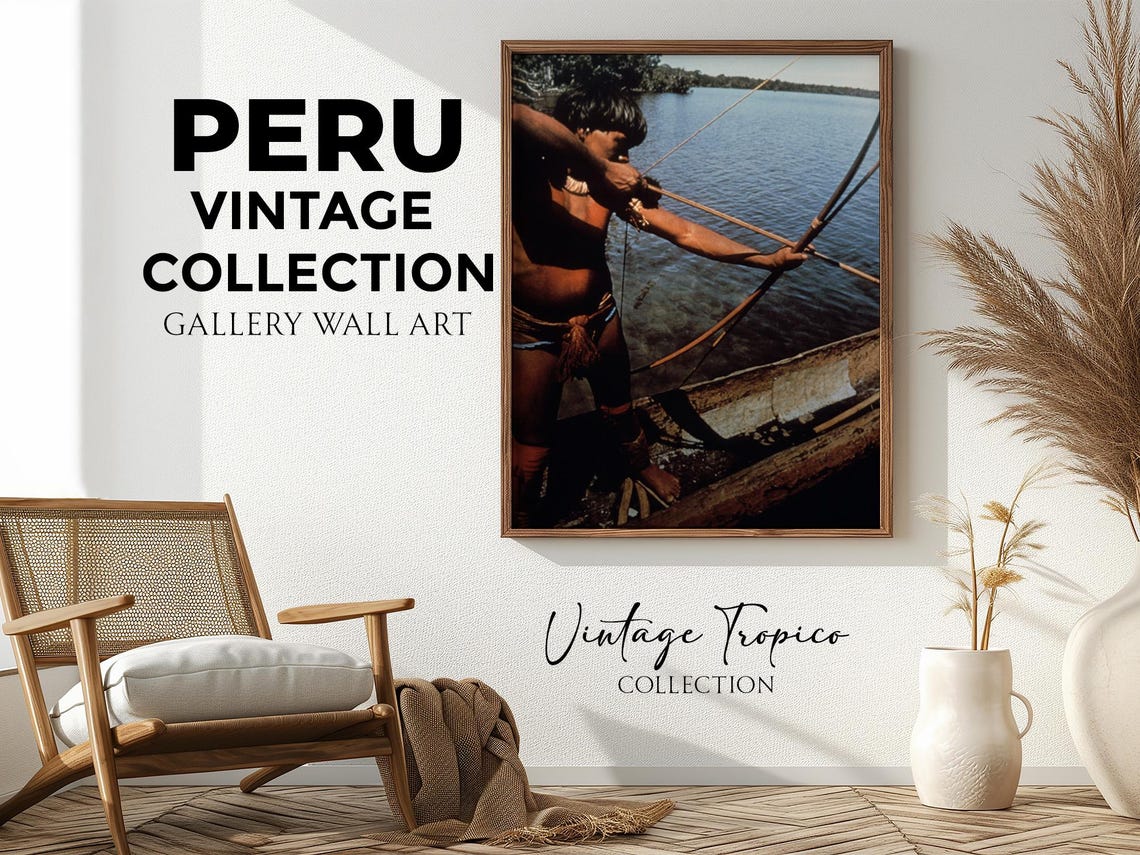 Peru Amazon Fisherman Bow Arrow Canoe Vintage River Scene Poster