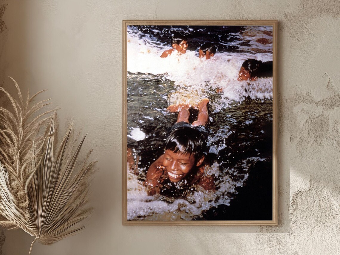 Peru Amazon Children Splashing River Joyful Vintage Scene Poster