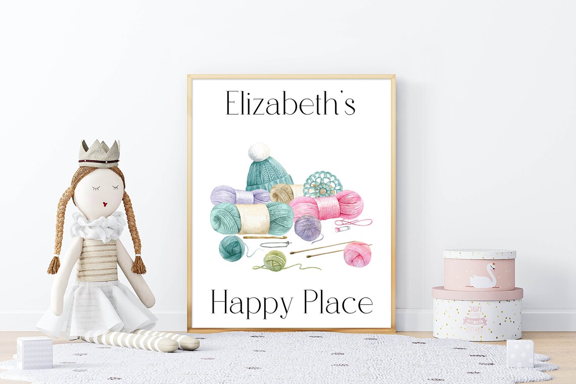 Personalized Knitting Happy Place Watercolor Yarn Sign Wall Art - Image 3
