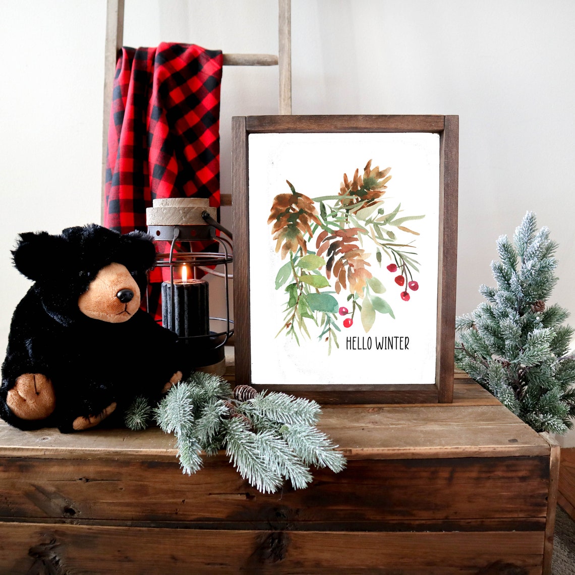 Hello Winter Pine Cone Eucalyptus Berry Watercolor Botanical Poster - Image 3