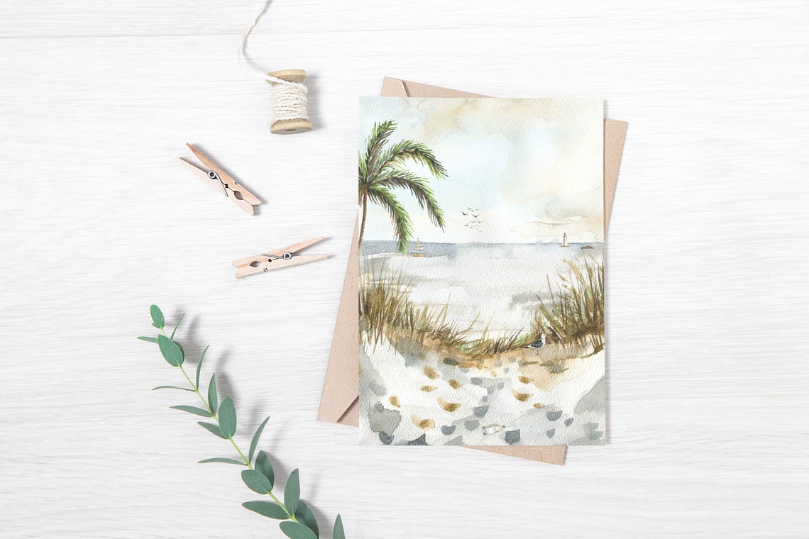Beach Watercolor Seashore Palm Tree Seagull Sailboat Lighthouse Poster - Image 3