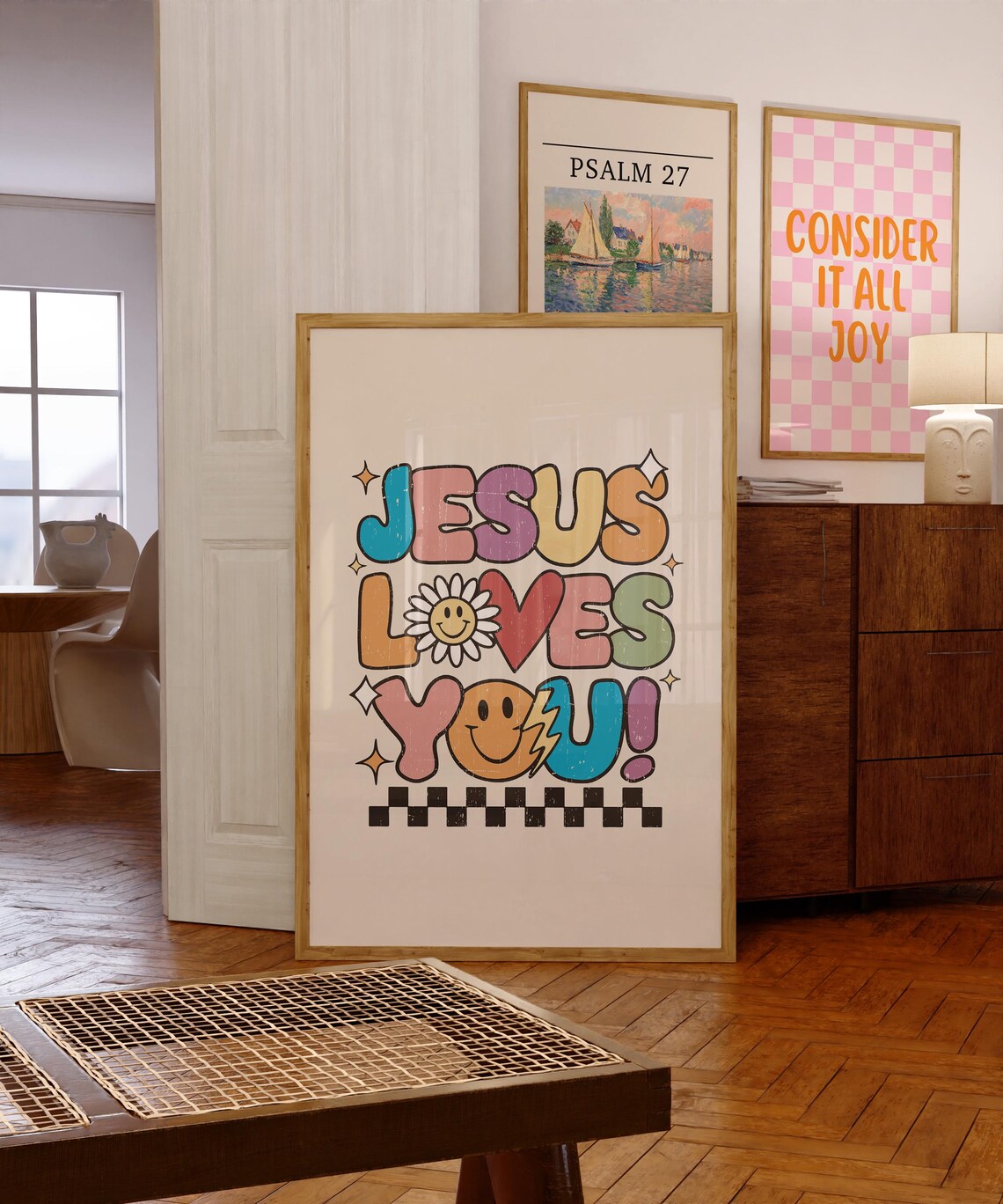 Jesus Loves You Retro Groovy Smiley Daisy Checkerboard Christian Poster - Image 2