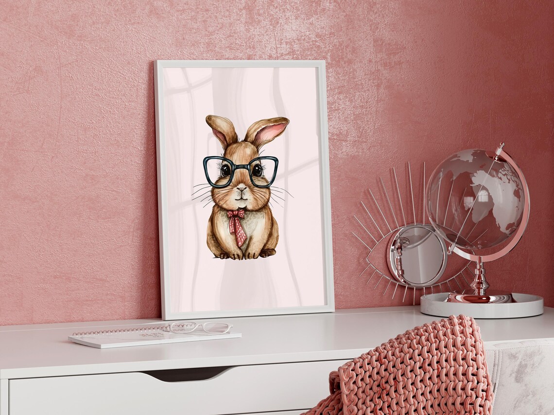 Cute Bunny With Glasses And Bow Tie Watercolor Animal Poster - Image 4