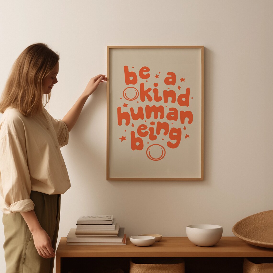 Retro Groovy Wall Art Be A Kind Human Print Print Art Retro Orange Poster Wall Decor Inspirational Print - Image 3