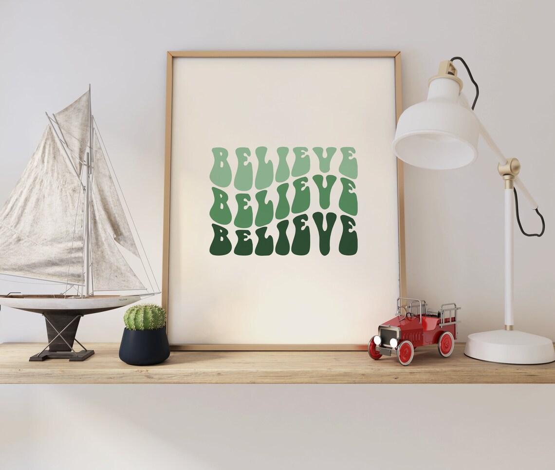 Believe Stacked Green Wavy Groovy Retro Typography Quote Poster - Image 5