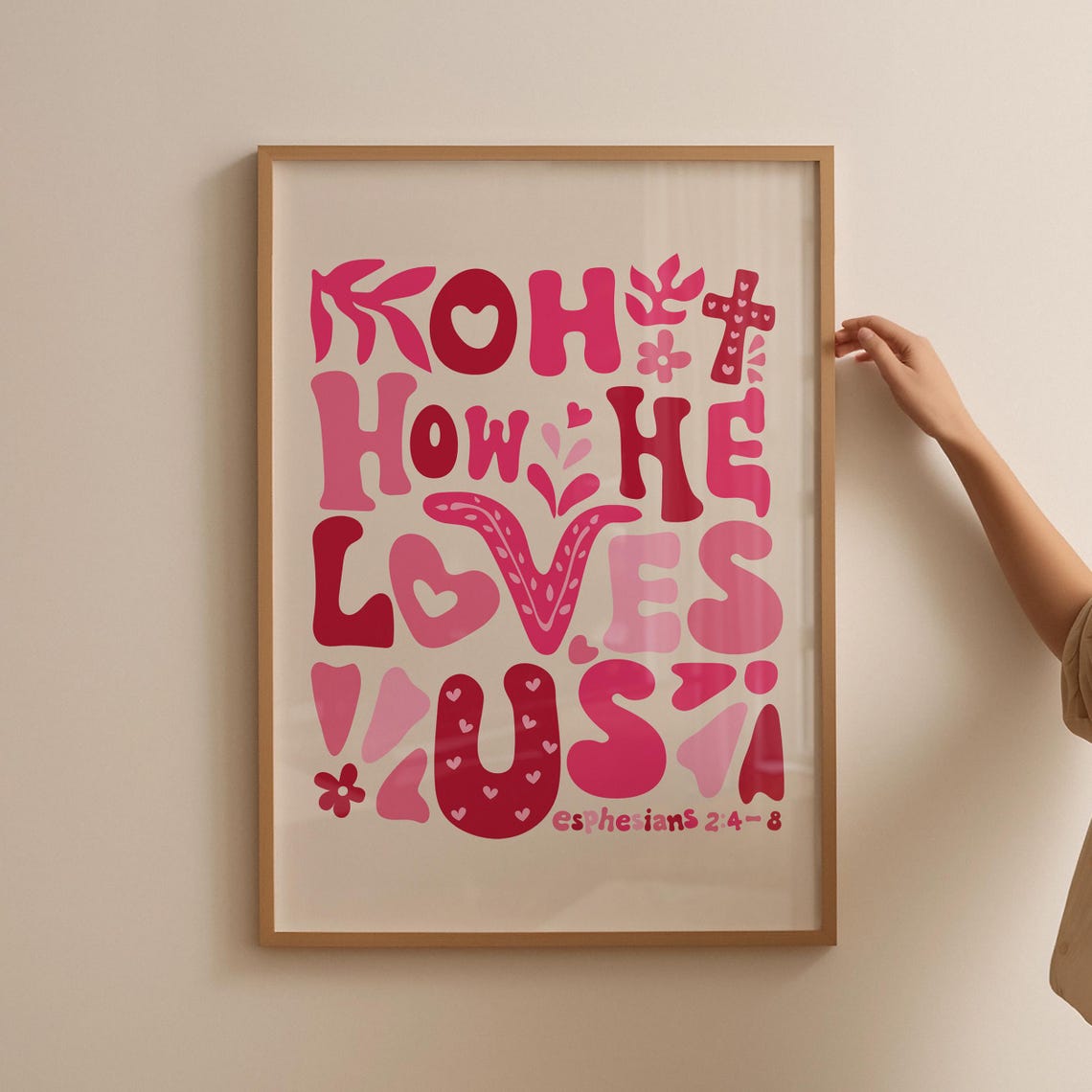 How He Loves Us Wall Art Retro Christian Wall Print Christian Poster Bible Verse Retro Wall Art Christian Gift Pink - Image 4