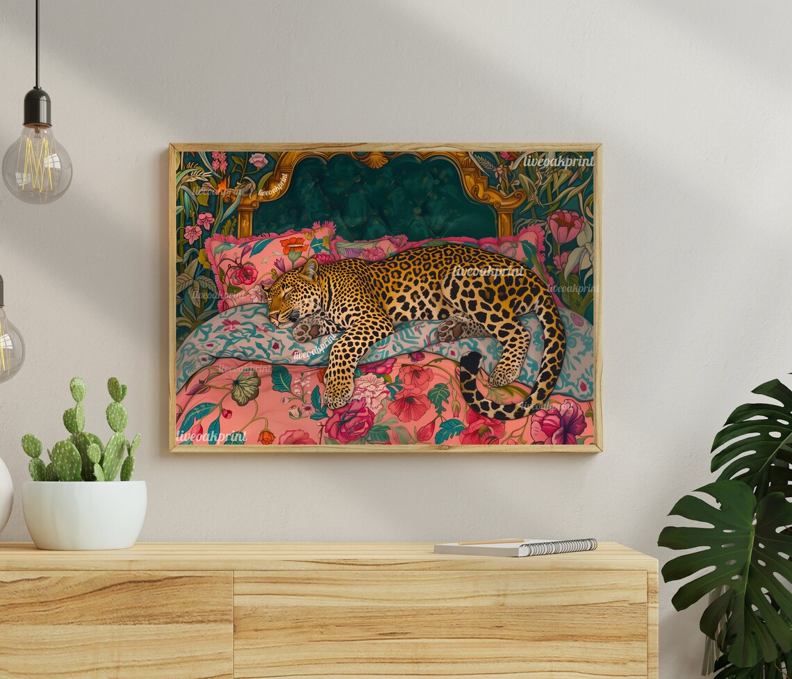 Sleepy Leopard Vintage Maximalist Wall Art Print