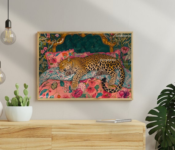 Sleepy Leopard Vintage Maximalist Wall Art Print