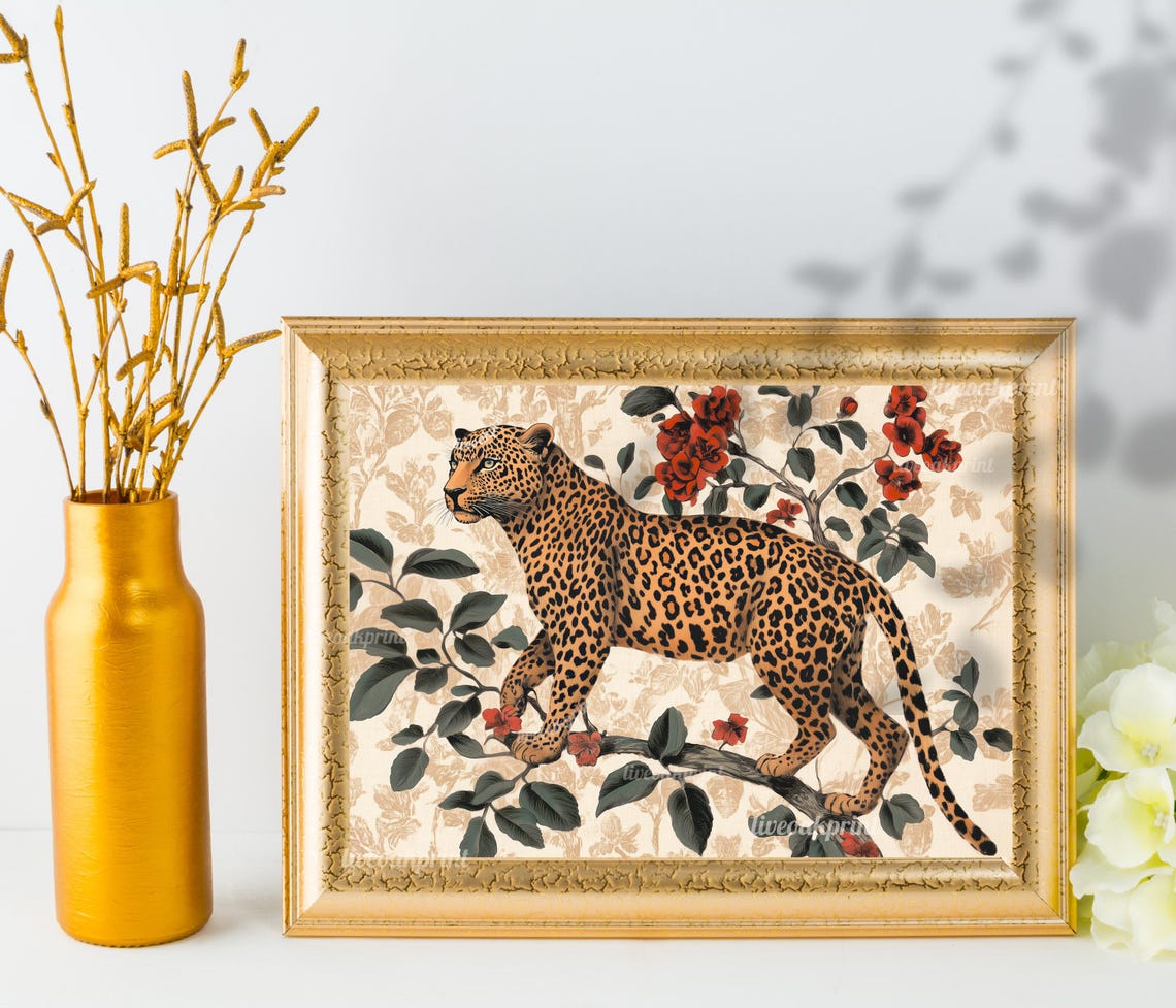 Leopard Walking On Flowering Branch With Red Blossoms Boho Poster - Image 3