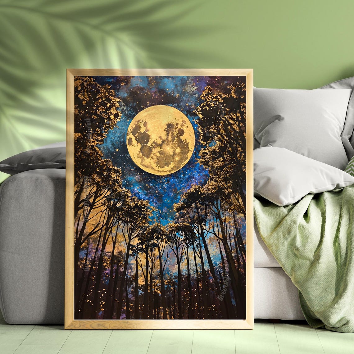 Full Moon Above The Trees Gold And Deep Blue Moon Wall Art Moody Celestial Print Mystical Nature Inspired Decor Dark Nature Print - Image 2