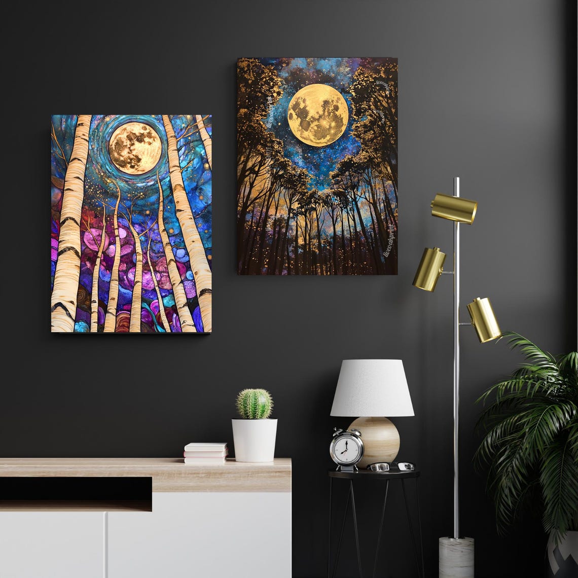 Full Moon Between Birch Trees Blue And Purple Mystical Night Poster - Image 2