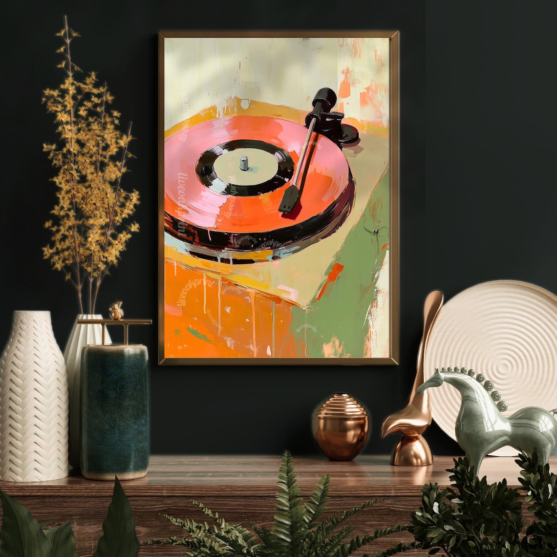 Retro Record Playing Painting, Vintage Music Decor