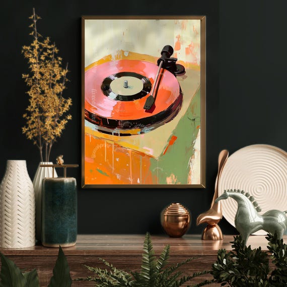 Retro Record Playing Painting, Vintage Music Decor