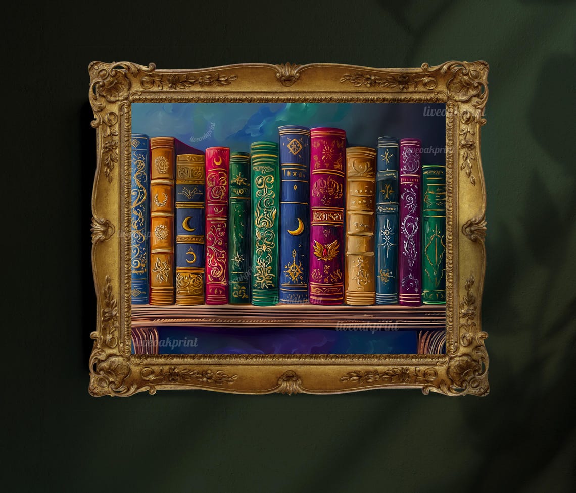 Moody Magical Bookshelf Magic Shelf Of Books Dark Academia Print Fantasy Library Print