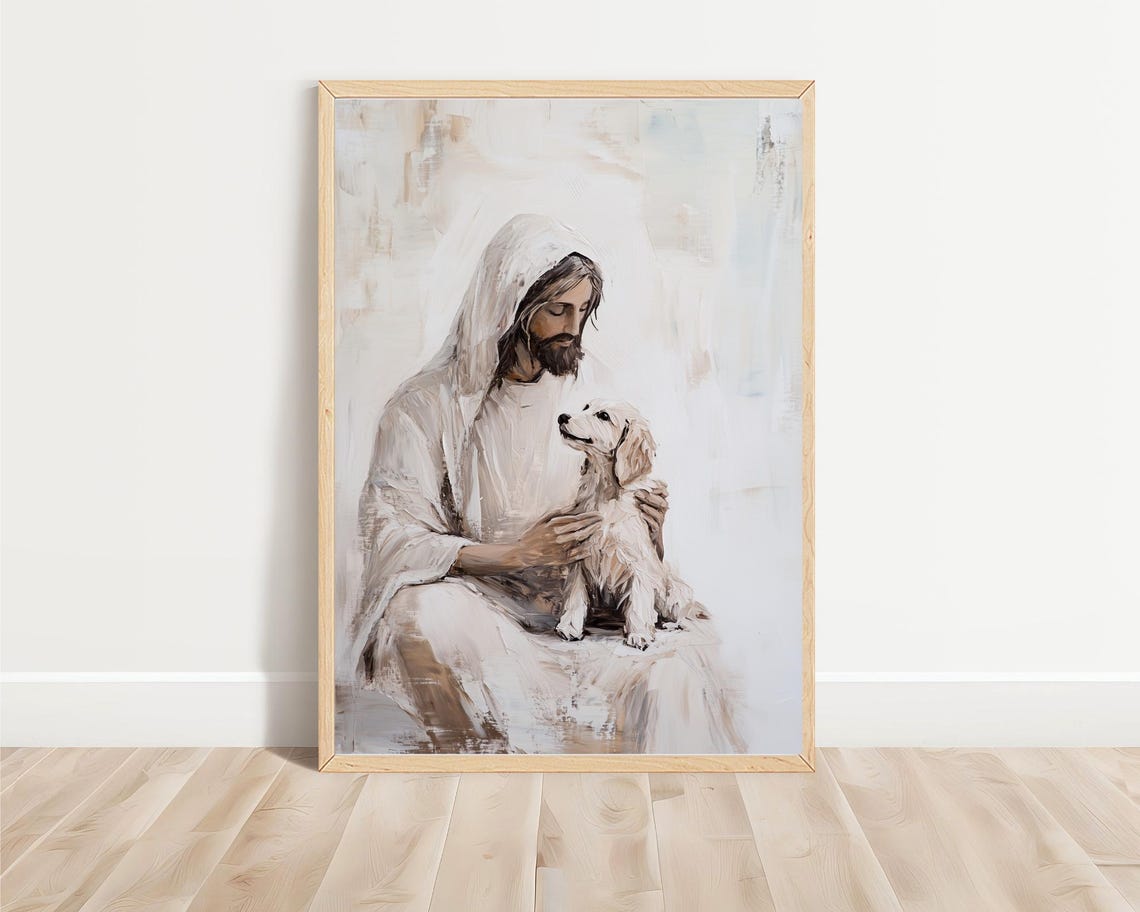 Jesus With White Puppy Neutral Oil Painting Christian Art Poster - Image 3