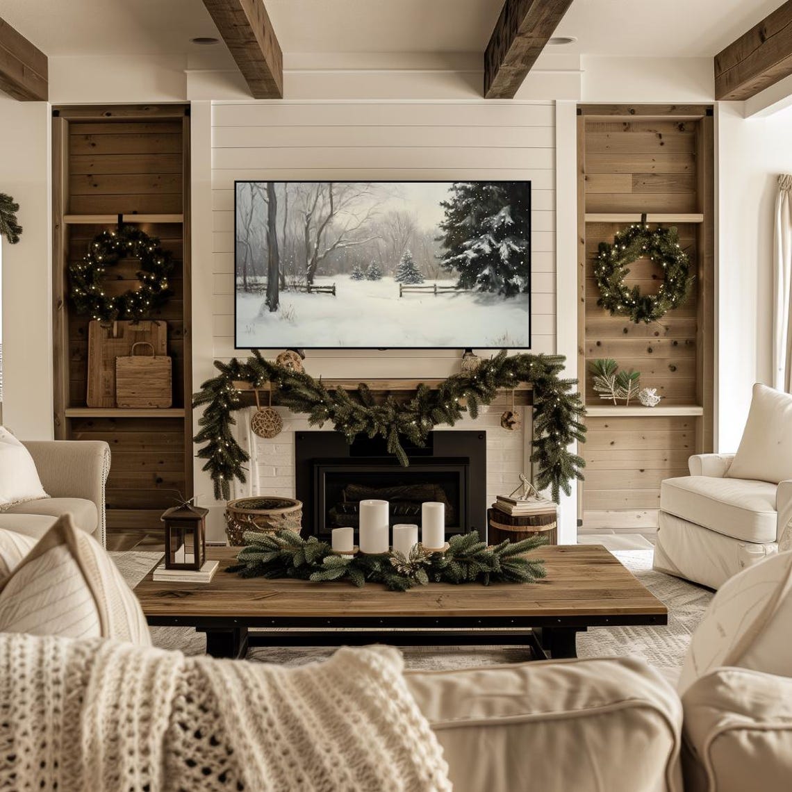Frame Tv Winter Art Neutral Winter Christmas Country Landscape Painting Frame Tv Art Farmhouse Winter Christmas Landscape Tv Art - Image 4
