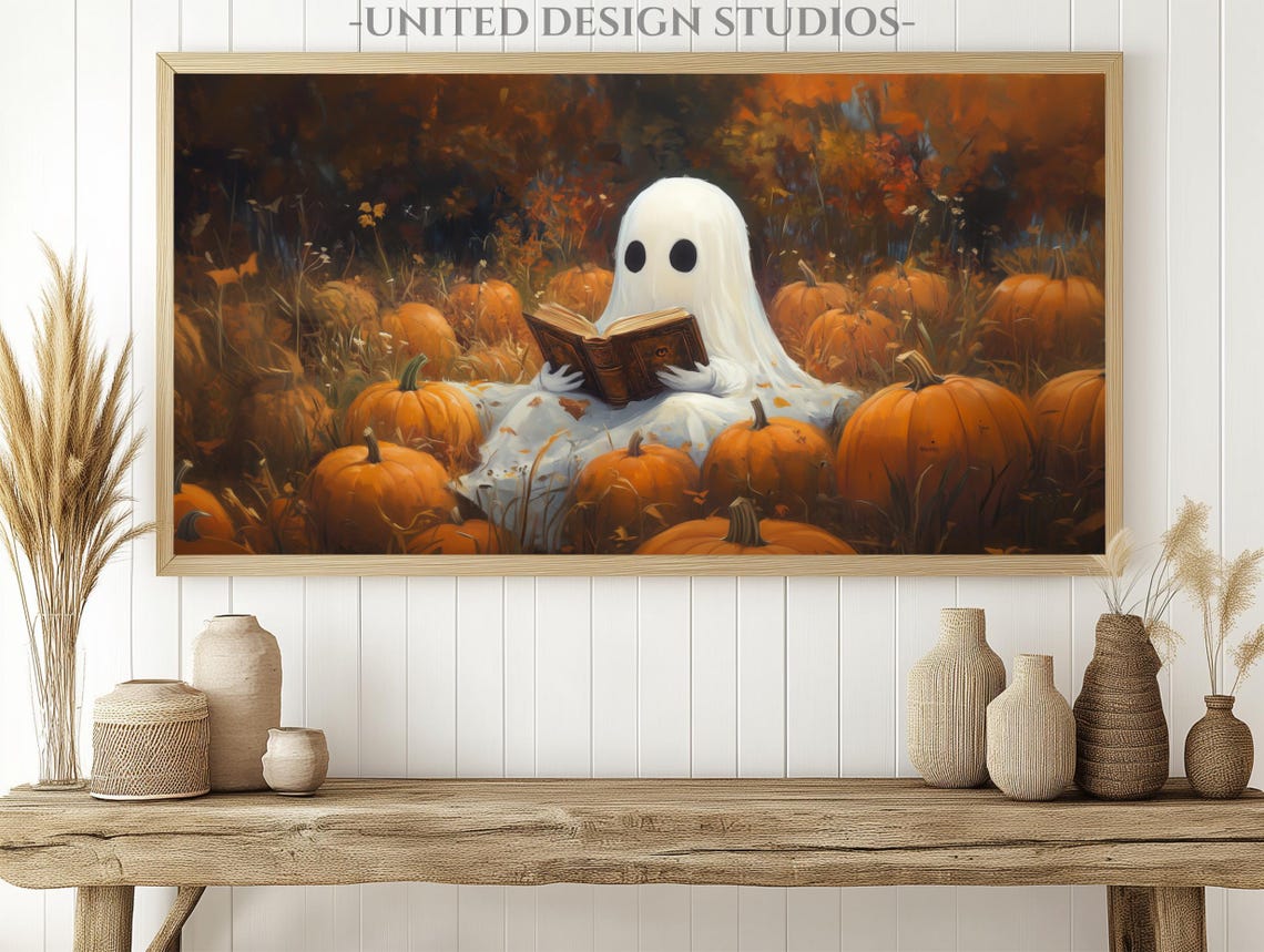 Cute Ghost Reading Book In Pumpkin Patch Halloween Fall Wall Art - Image 3