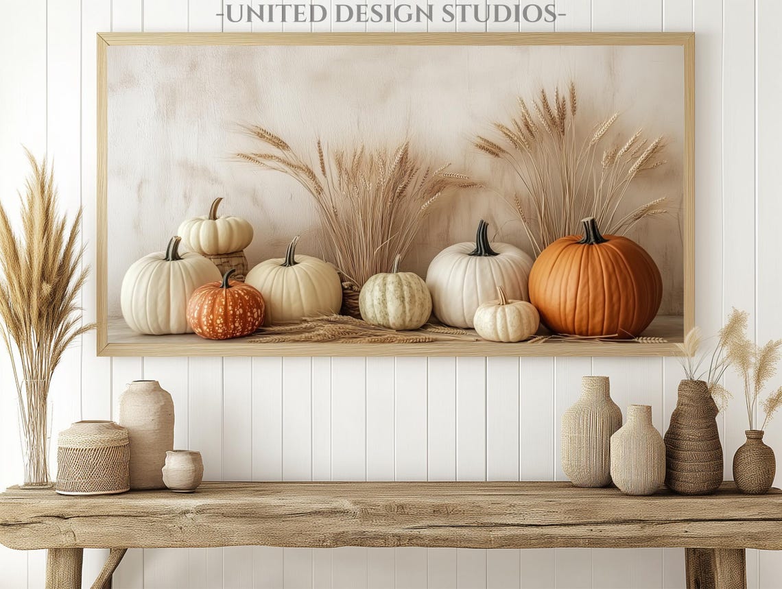 White Orange Pumpkins Wheat Neutral Fall Farmhouse Art Print - Image 2
