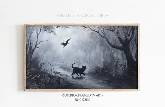 Spooky Halloween Black Cat Misty Forest Witch Flying Vintage Poster