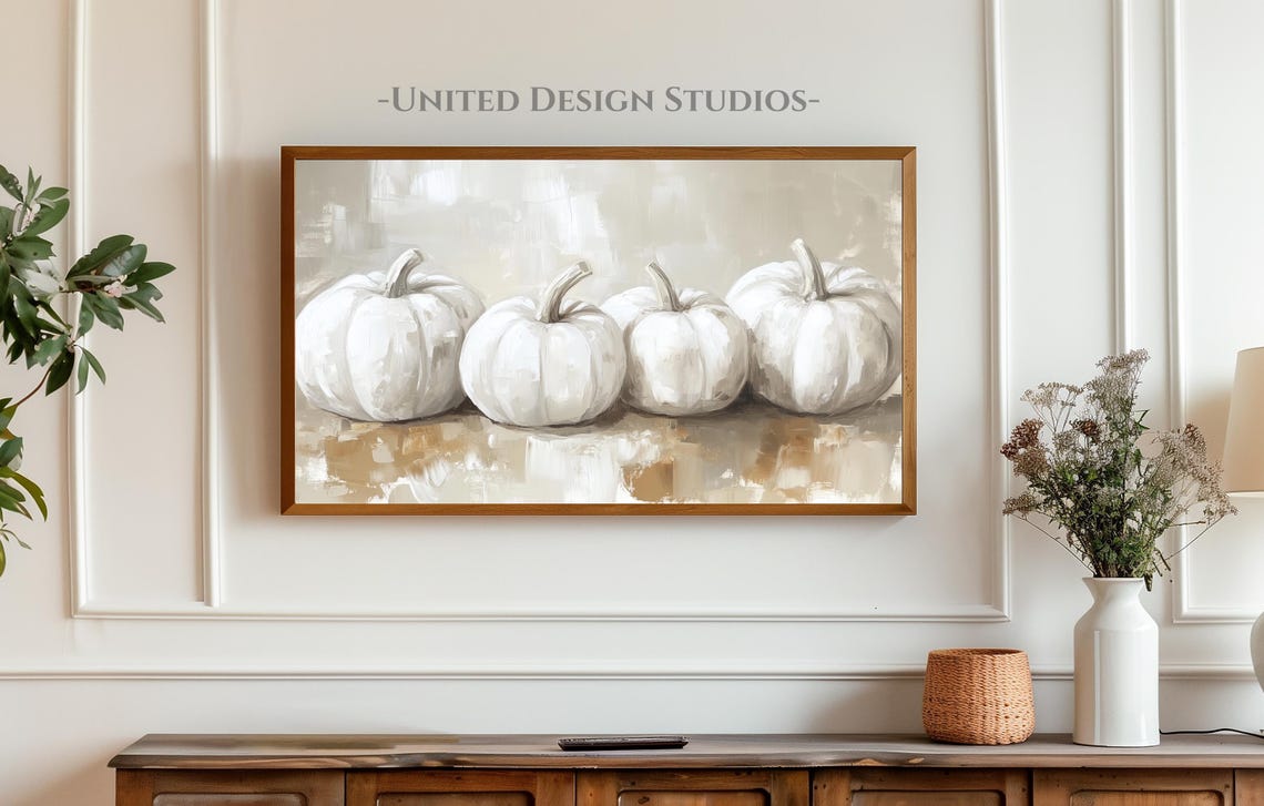 White Pumpkins Still Life Rustic Neutral Fall Painting Poster - Image 3
