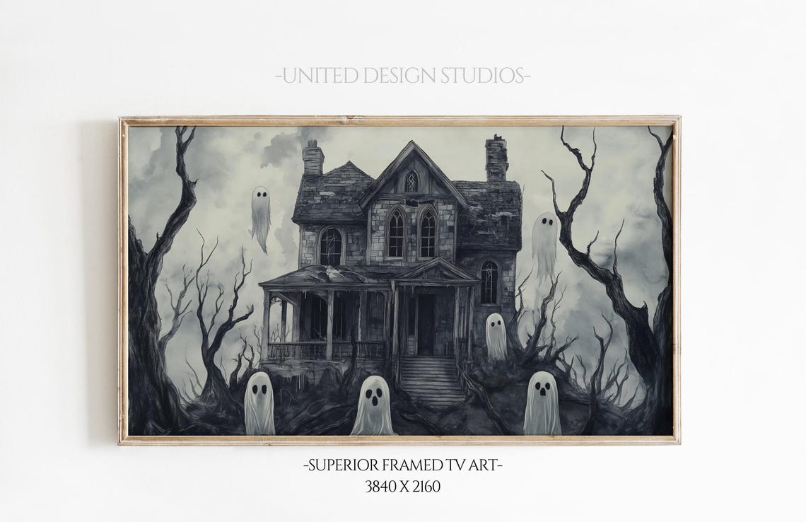 Spooky Haunted House Ghosts Black White Halloween Art Poster