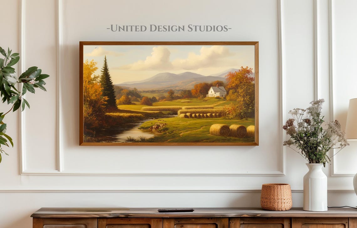 Fall Farm Hay Bales White Farmhouse Stream Autumn Valley Scene Poster - Image 3