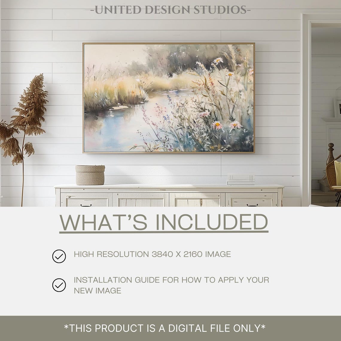 Wildflower River Summer Watercolor Meadow Landscape Wall Art - Image 2